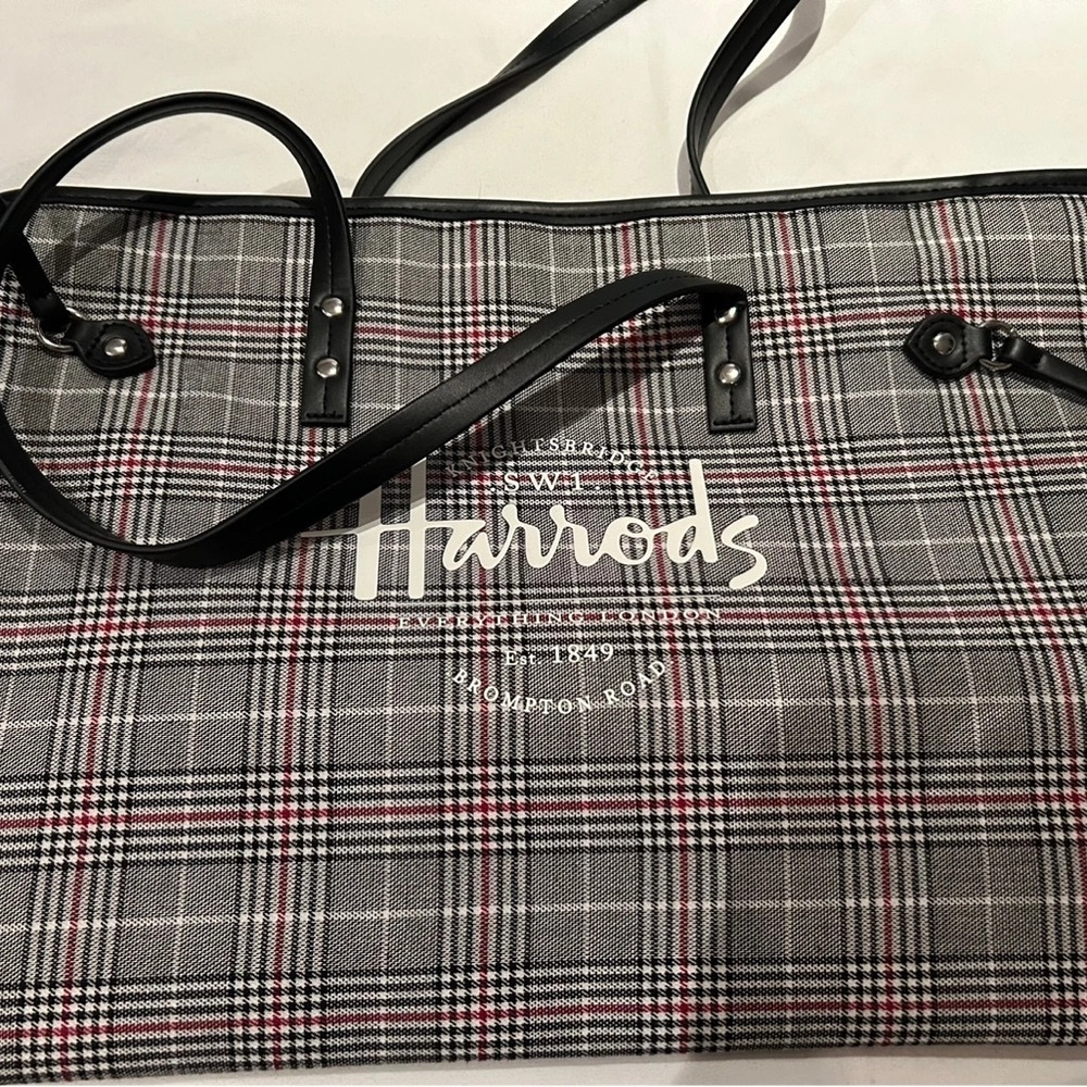 Harrods Gray and Red Checkered Tote